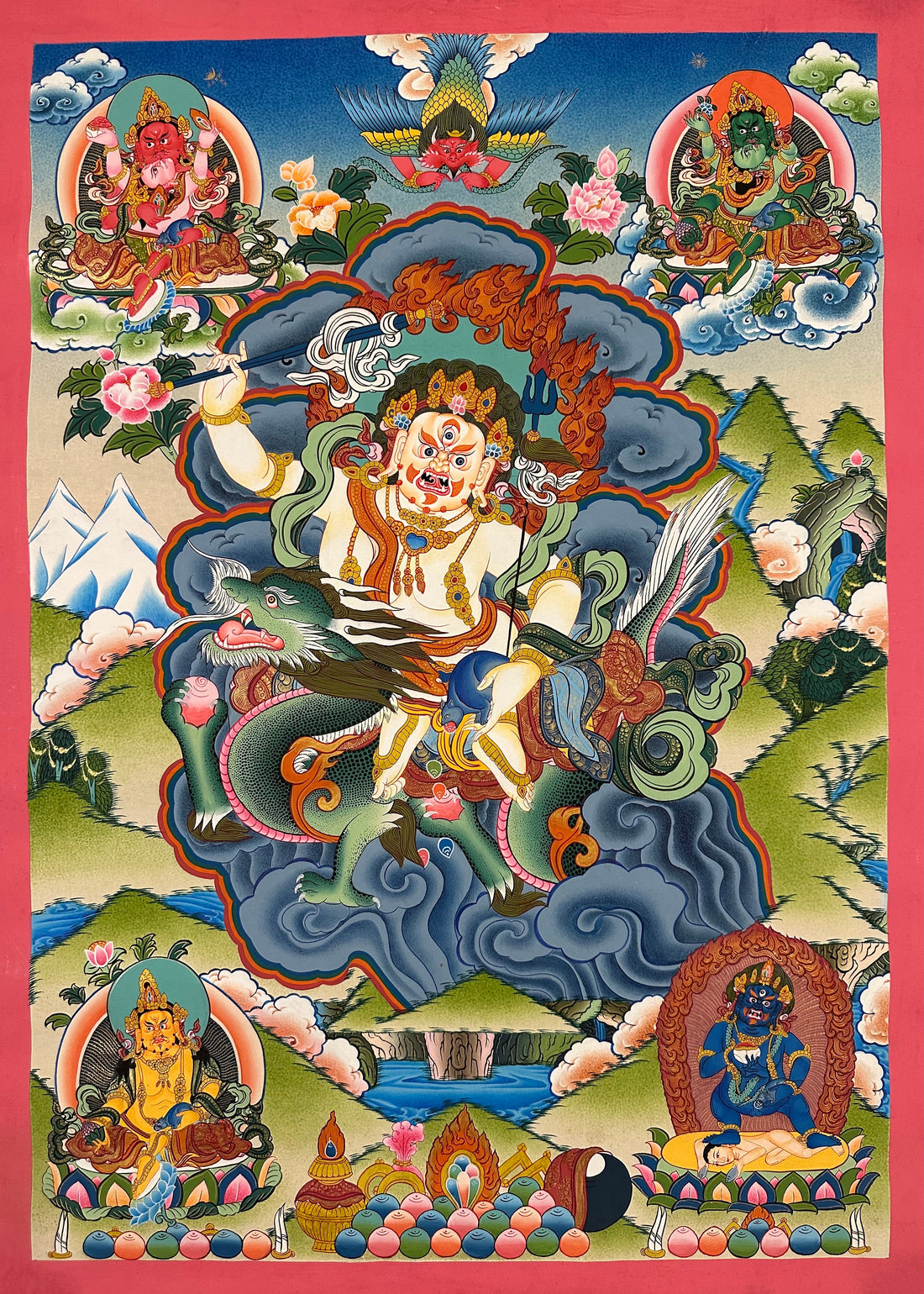 White Jambhala thangka, 60×82 cm: White Jambhala riding a green dragon, with a garuda above and the other Jambhalas around him