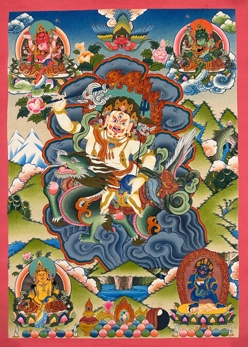 White Jambhala thangka, 60×82 cm: White Jambhala riding a green dragon, with a garuda above and the other Jambhalas around him