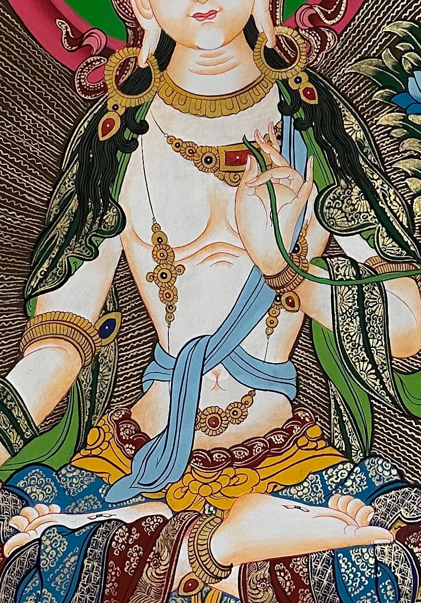 White Tara thangka, 60×98 cm: White Tara on a warm orange ground, with the five Buddhas above and Amitayus and Namgyalma below