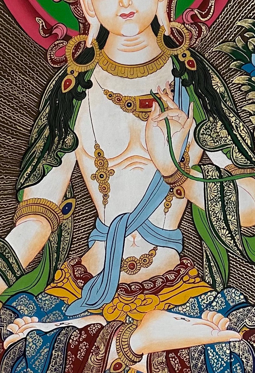 White Tara thangka, 60×98 cm: White Tara on a warm orange ground, with the five Buddhas above and Amitayus and Namgyalma below