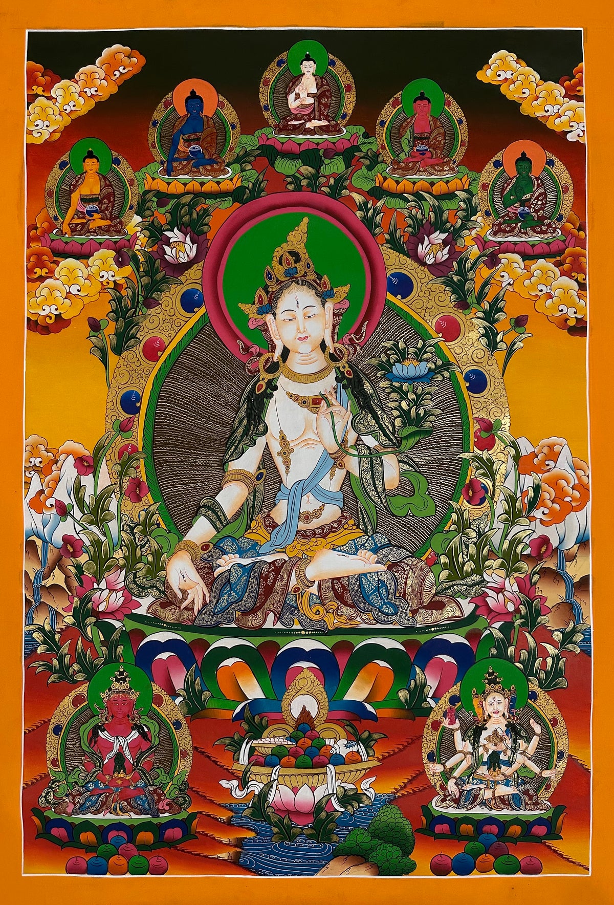 White Tara thangka, 60×98 cm: White Tara on a warm orange ground, with the five Buddhas above and Amitayus and Namgyalma below