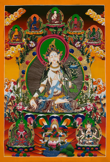 White Tara thangka, 60×98 cm: White Tara on a warm orange ground, with the five Buddhas above and Amitayus and Namgyalma below
