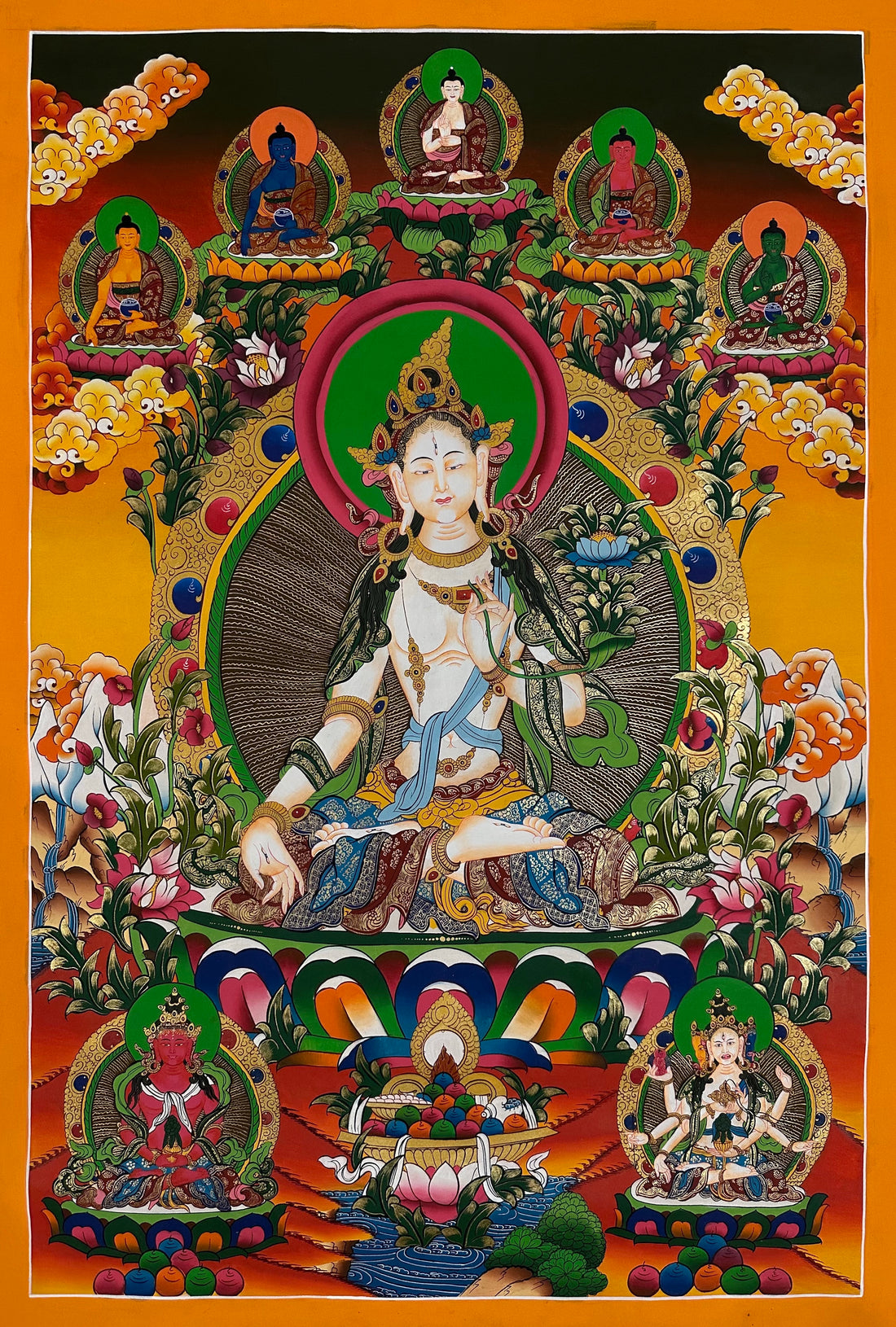 White Tara thangka, 60×98 cm: White Tara on a warm orange ground, with the five Buddhas above and Amitayus and Namgyalma below