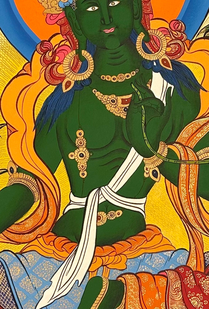 Green Tara thangka, detail: centre