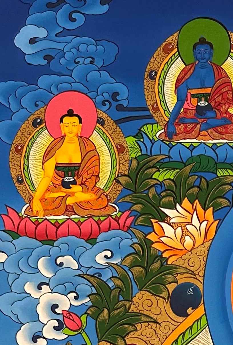 Green Tara thangka, detail: top-left corner