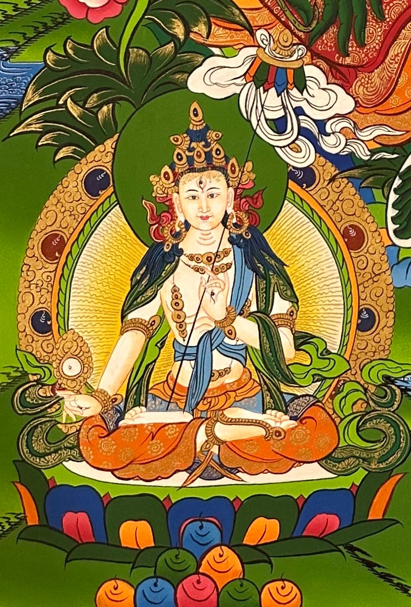 Green Tara thangka, detail: bottom-left corner