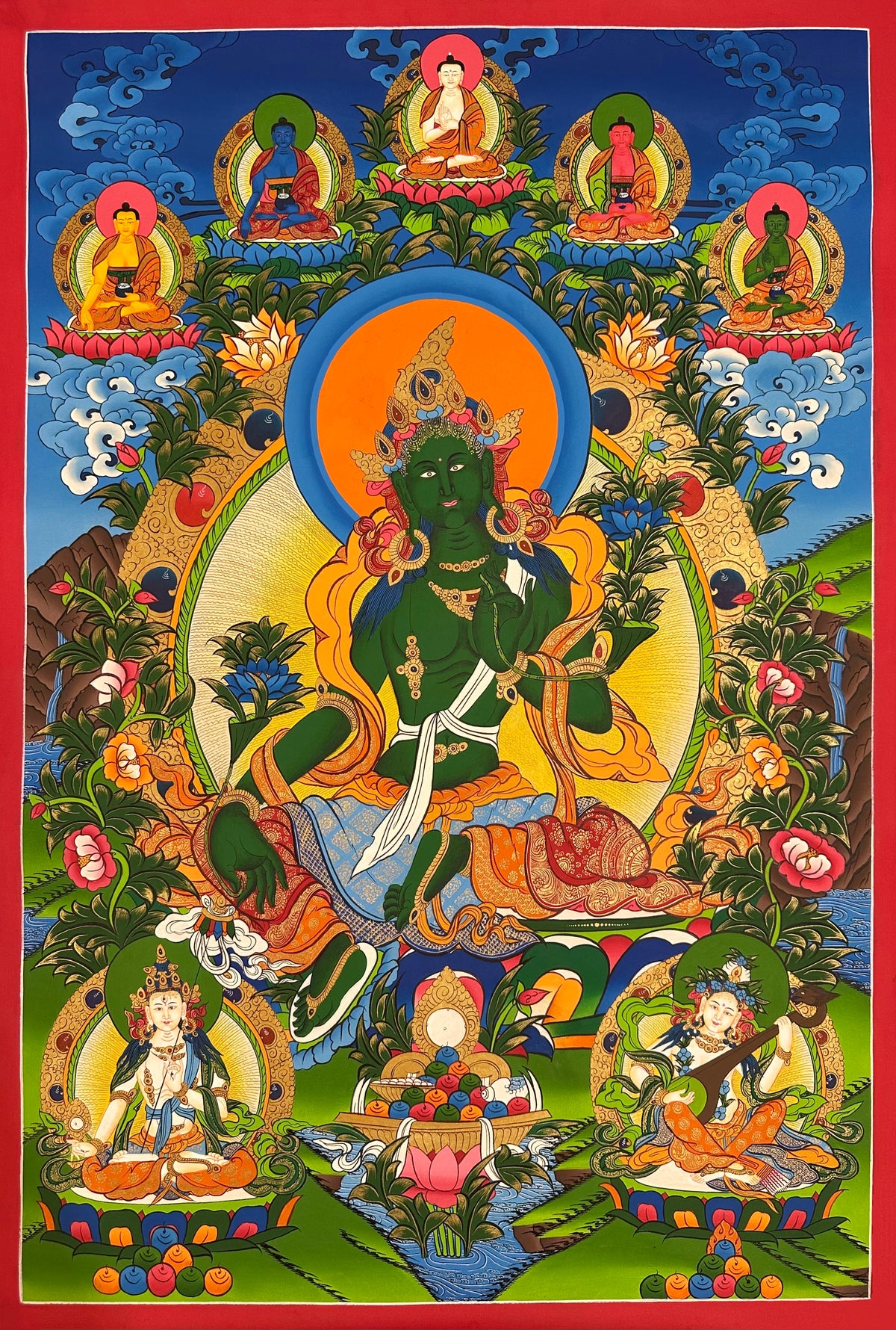 Green Tara thangka, 60×98 cm: Green Tara with the five Buddhas above and White Tara and Saraswati below