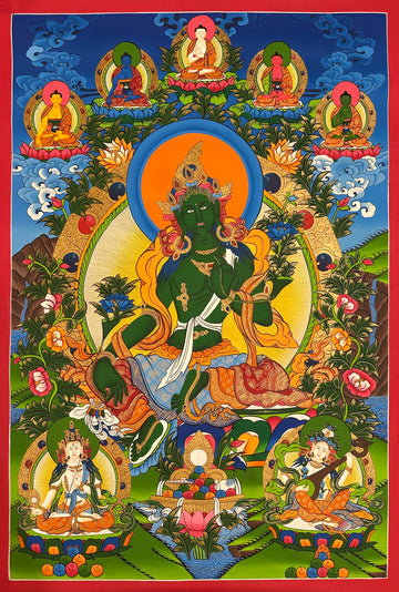 Green Tara thangka, 60×98 cm: Green Tara with the five Buddhas above and White Tara and Saraswati below