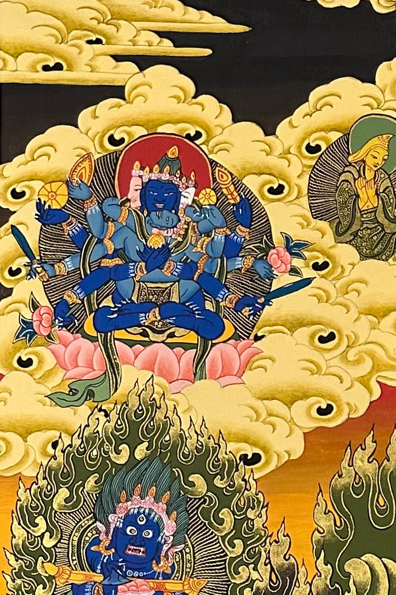 Yamantaka with Consort thangka, detail: top-left corner