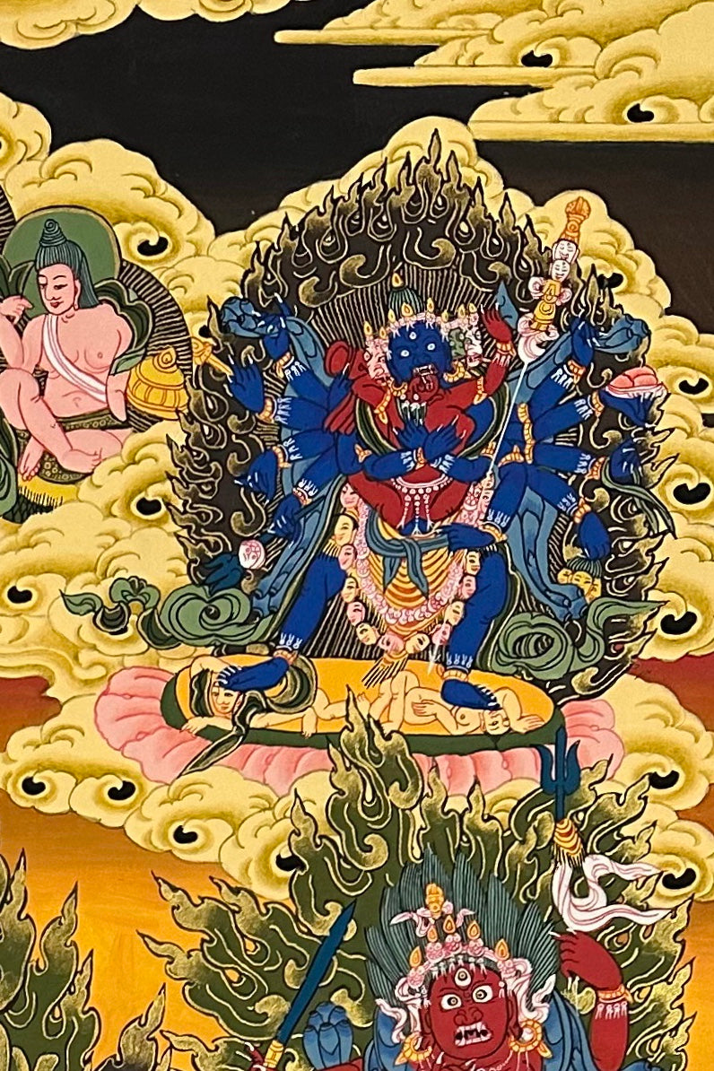 Yamantaka with Consort thangka, detail: top-right corner