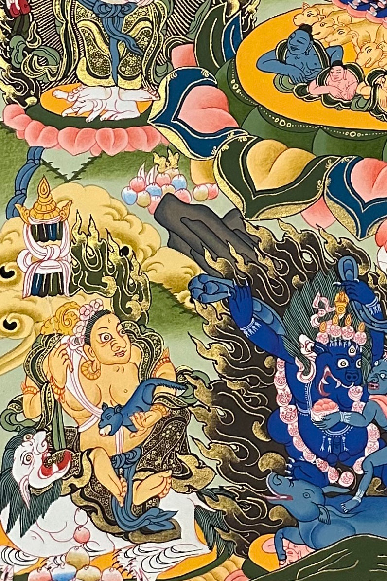 Yamantaka with Consort thangka, detail: bottom-left corner