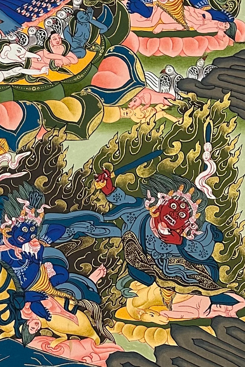 Yamantaka with Consort thangka, detail: bottom-right corner