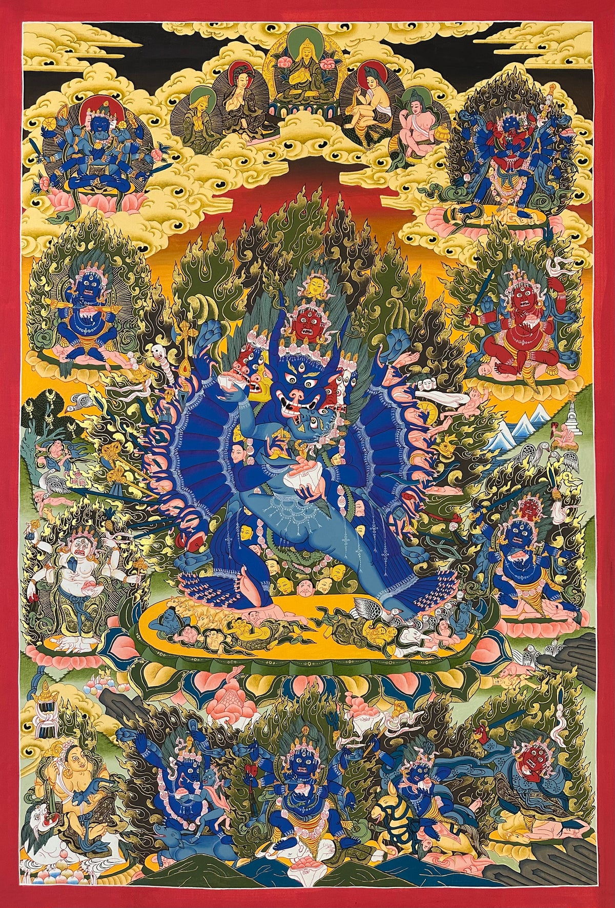 Yamantaka with Consort thangka, 85×123 cm: buffalo-headed Yamantaka in union with his consort before dark flames, surrounded by protectors