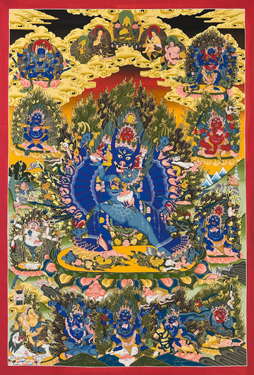 Yamantaka with Consort thangka, 85×123 cm: buffalo-headed Yamantaka in union with his consort before dark flames, surrounded by protectors