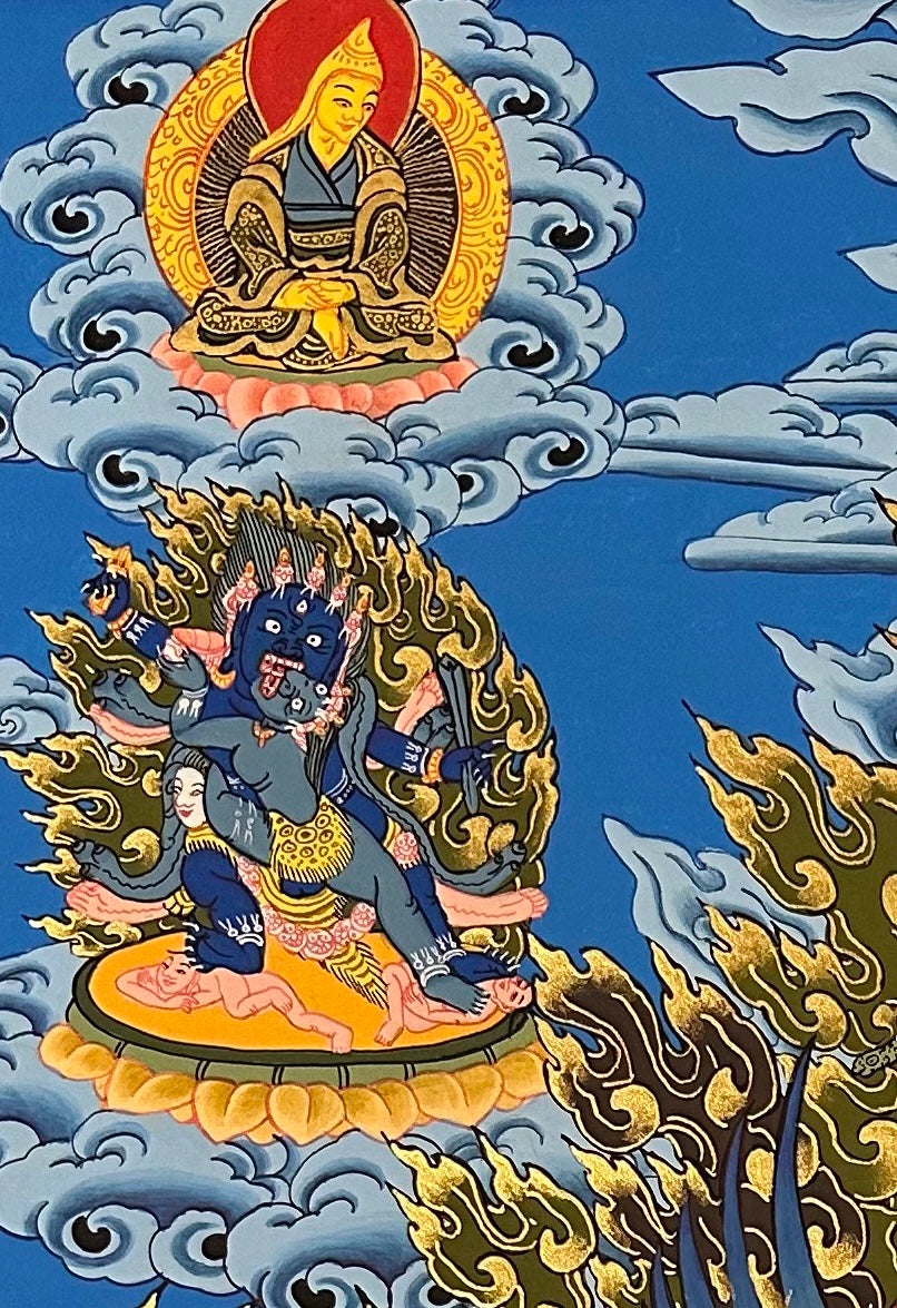 Yamantaka with Consort thangka, detail: top-left corner