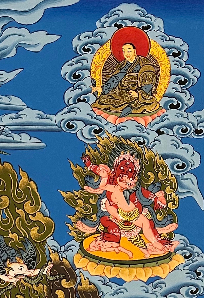 Yamantaka with Consort thangka, detail: top-right corner