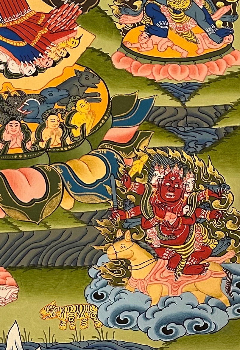 Yamantaka with Consort thangka, detail: bottom-right corner