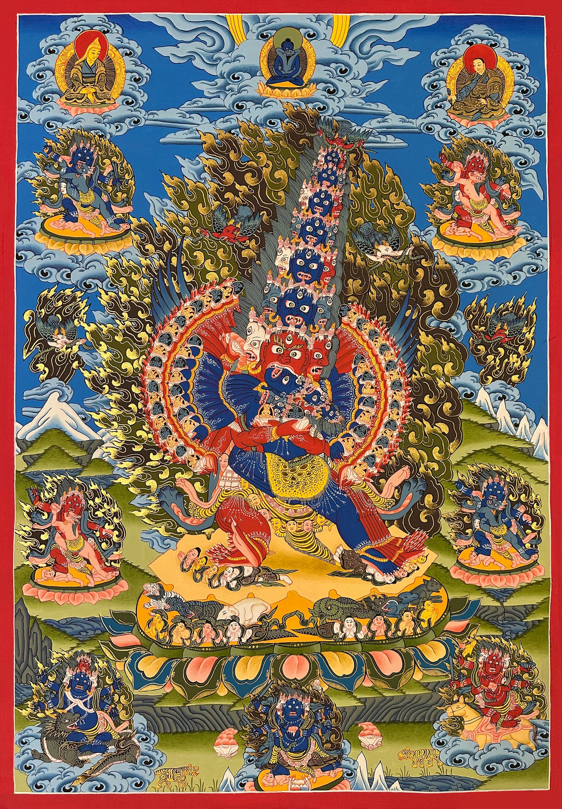 Kagye, the Eight Herukas thangka, 68×97 cm: Chemchok Heruka, many-headed and winged, in union with a red consort, surrounded by the other herukas