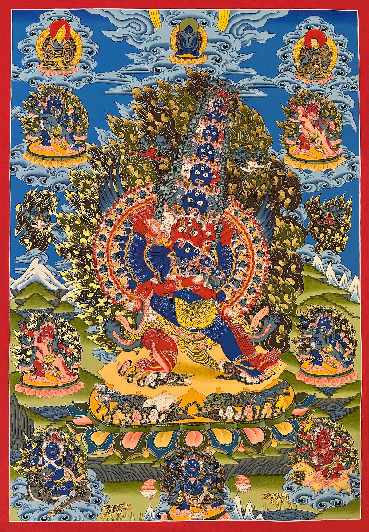 Kagye, the Eight Herukas thangka, 68×97 cm: Chemchok Heruka, many-headed and winged, in union with a red consort, surrounded by the other herukas