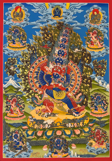 Kagye, the Eight Herukas thangka, 68×97 cm: Chemchok Heruka, many-headed and winged, in union with a red consort, surrounded by the other herukas