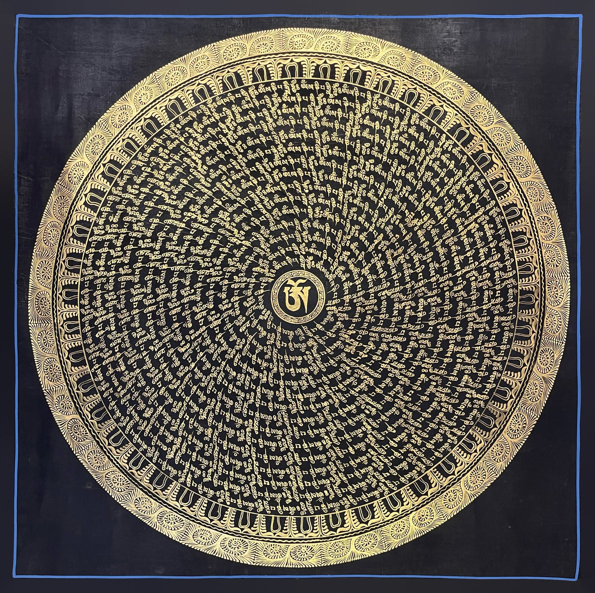 Mantra Mandala thangka, 76×76 cm: swirling gold-coloured mantra script on black around a central Om