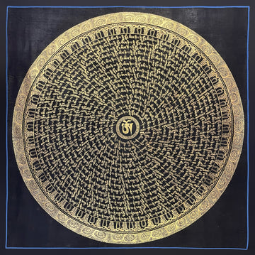 Mantra Mandala thangka, 76×76 cm: swirling gold-coloured mantra script on black around a central Om