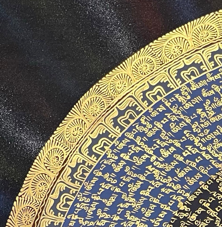 Mantra Mandala thangka, detail: top-left corner