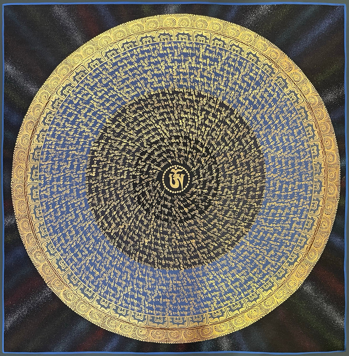 Mantra Mandala thangka, 75×75 cm: a spiral of gold-coloured mantra script on black and blue around a central Om