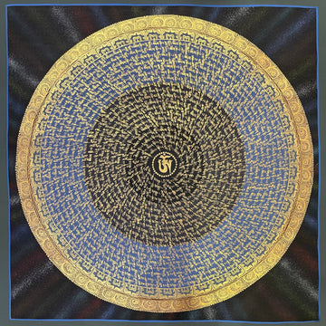 Mantra Mandala thangka, 75×75 cm: a spiral of gold-coloured mantra script on black and blue around a central Om