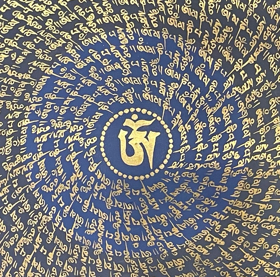 Mantra Mandala thangka, 75×75 cm: a spiral of gold-coloured mantra script on blue and black around a central Om