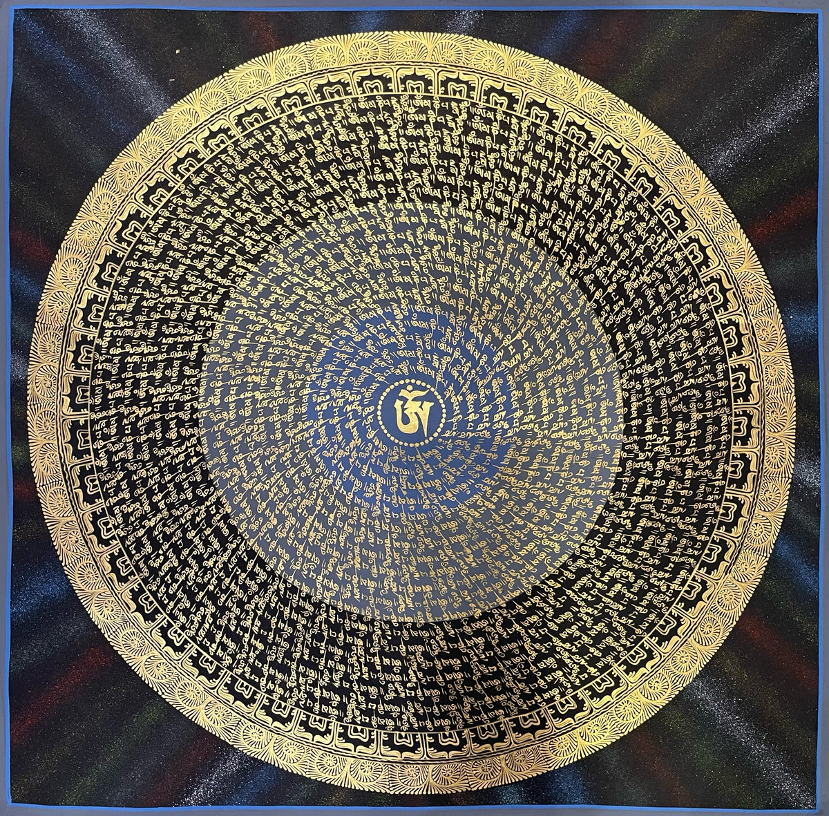 Mantra Mandala thangka, 75×75 cm: a spiral of gold-coloured mantra script on blue and black around a central Om