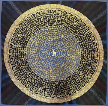 Mantra Mandala thangka, 75×75 cm: a spiral of gold-coloured mantra script on blue and black around a central Om