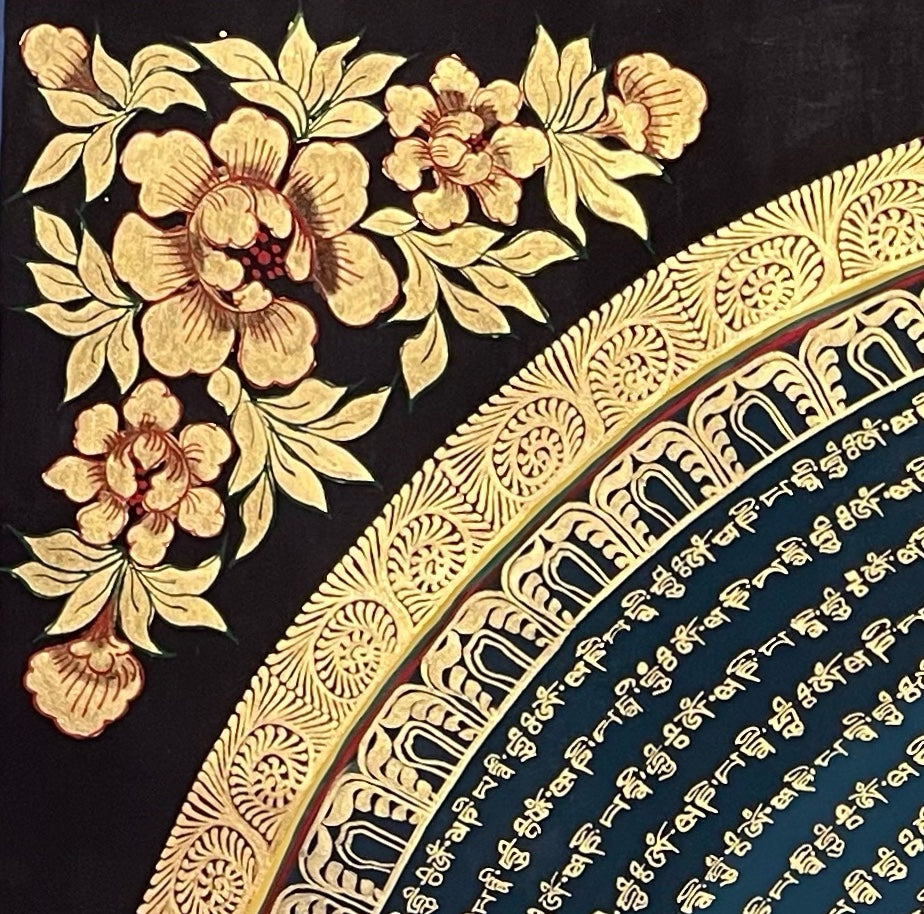 Mantra Mandala thangka, detail: top-left corner