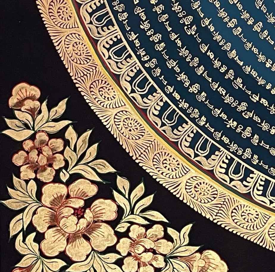 Mantra Mandala thangka, detail: bottom-left corner