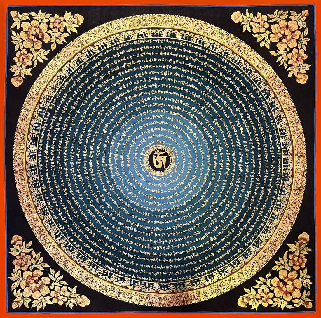 Mantra Mandala thangka, 75×75 cm: a gold-coloured Om ringed by gold-coloured mantra script on a teal disc, with gold-coloured peonies in the corners
