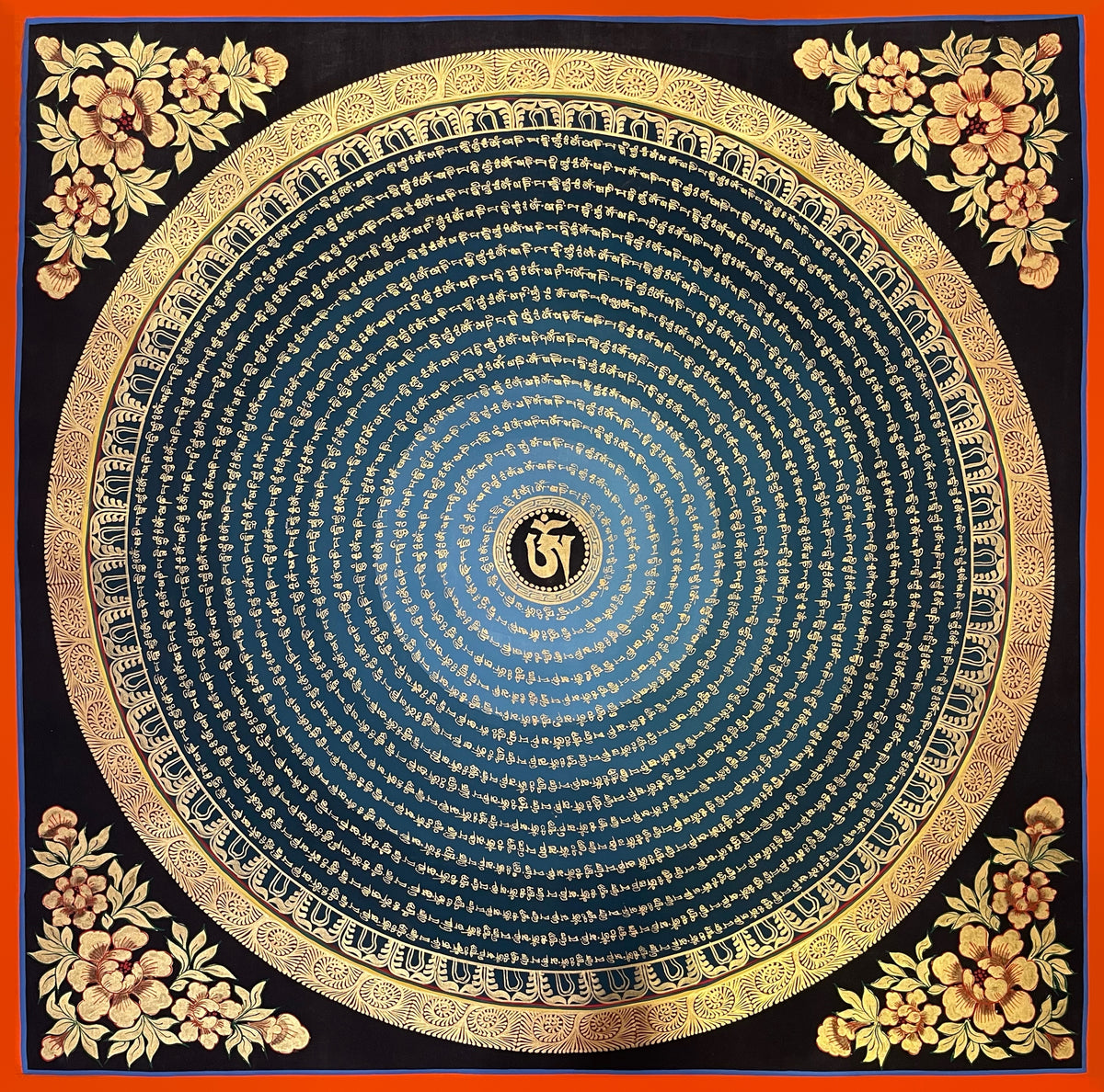 Mantra Mandala thangka, 75×75 cm: a gold-coloured Om ringed by gold-coloured mantra script on a teal disc, with gold-coloured peonies in the corners