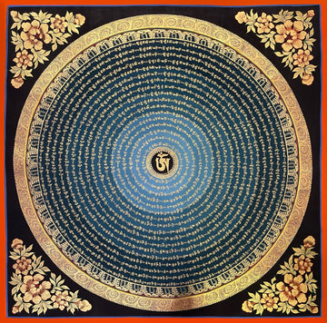 Mantra Mandala thangka, 75×75 cm: a gold-coloured Om ringed by gold-coloured mantra script on a teal disc, with gold-coloured peonies in the corners