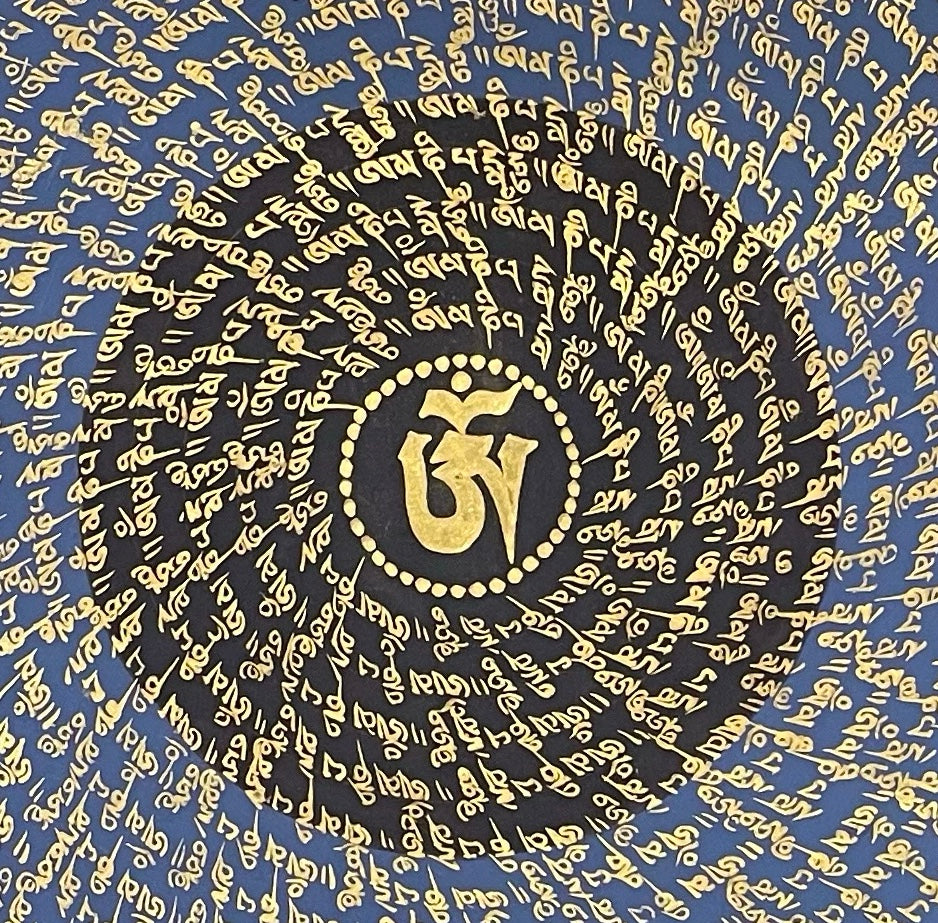 Mantra Mandala thangka, 75×75 cm: a spiral of gold-coloured mantra script on black and blue bands around a central Om