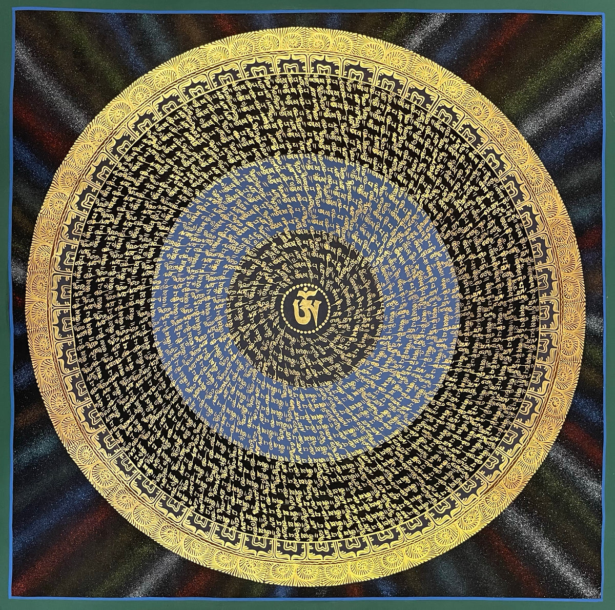 Mantra Mandala thangka, 75×75 cm: a spiral of gold-coloured mantra script on black and blue bands around a central Om