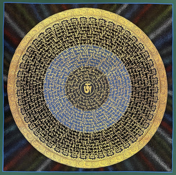 Mantra Mandala thangka, 75×75 cm: a spiral of gold-coloured mantra script on black and blue bands around a central Om
