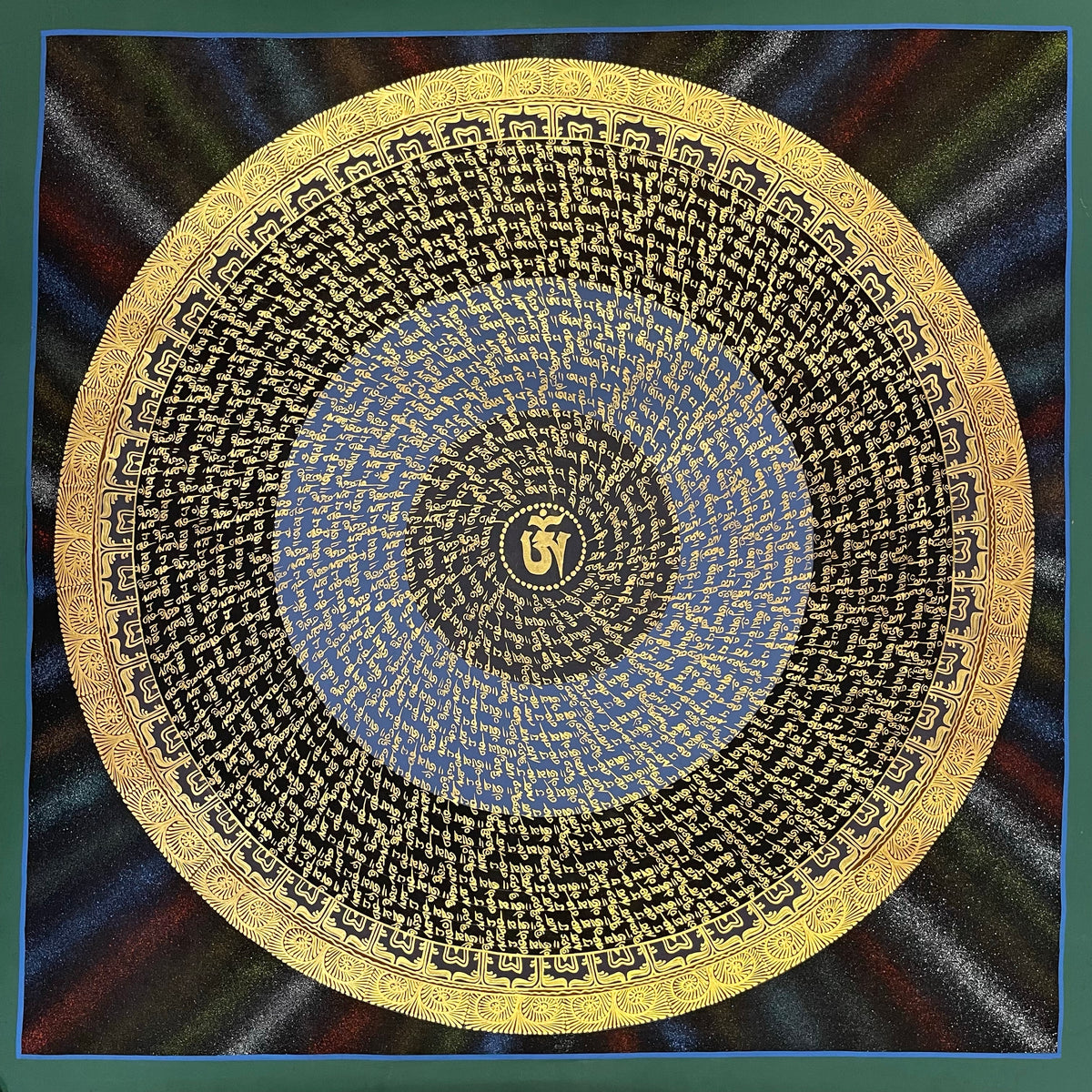 Mantra Mandala thangka, 75×75 cm: a spiral of gold-coloured mantra script on black and blue bands around a central Om