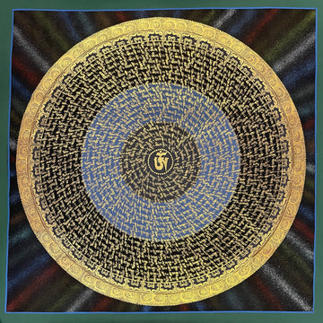 Mantra Mandala thangka, 75×75 cm: a spiral of gold-coloured mantra script on black and blue bands around a central Om