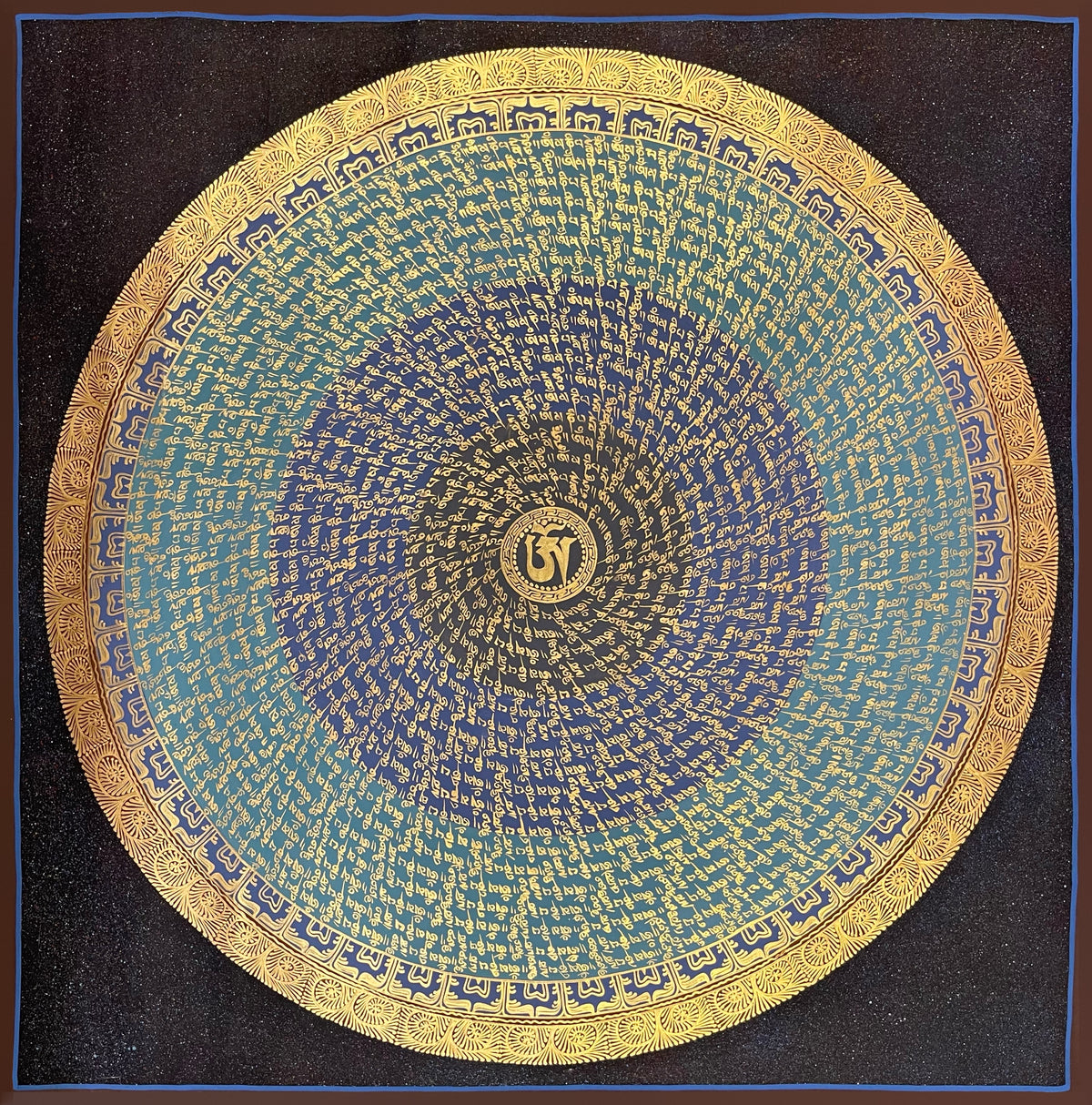 Mantra Mandala thangka, 75×75 cm: a gold-coloured Om at the centre of spiralling mantra script on black, blue and teal