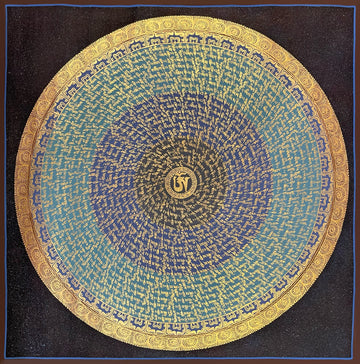 Mantra Mandala thangka, 75×75 cm: a gold-coloured Om at the centre of spiralling mantra script on black, blue and teal