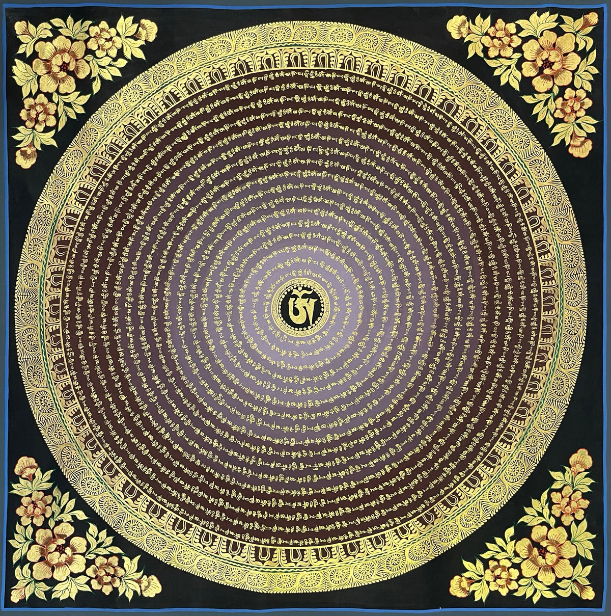 Mantra Mandala thangka, 75×75 cm: concentric rings of gold-coloured mantra script on maroon around a central Om