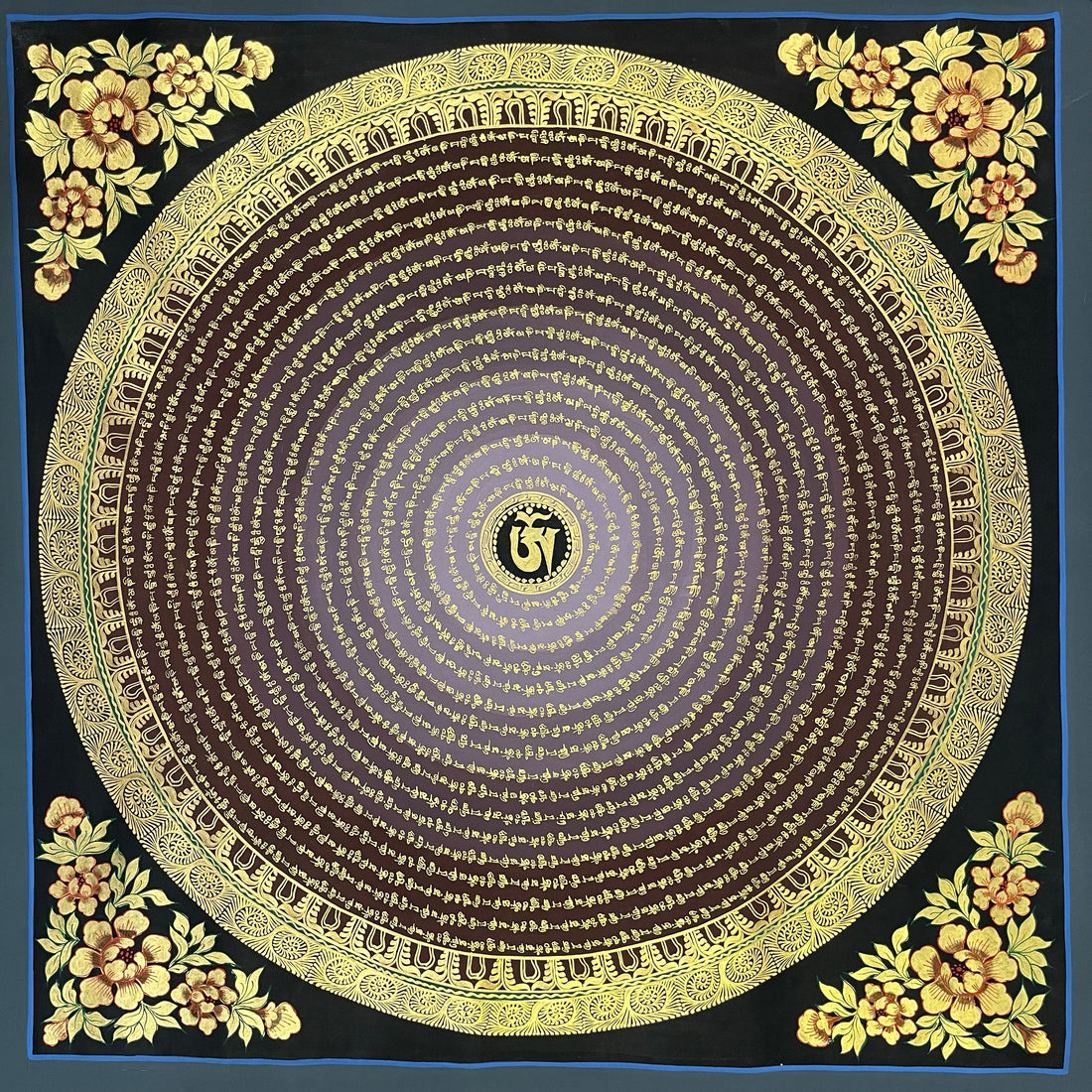 Mantra Mandala thangka, 75×75 cm: concentric rings of gold-coloured mantra script on maroon around a central Om