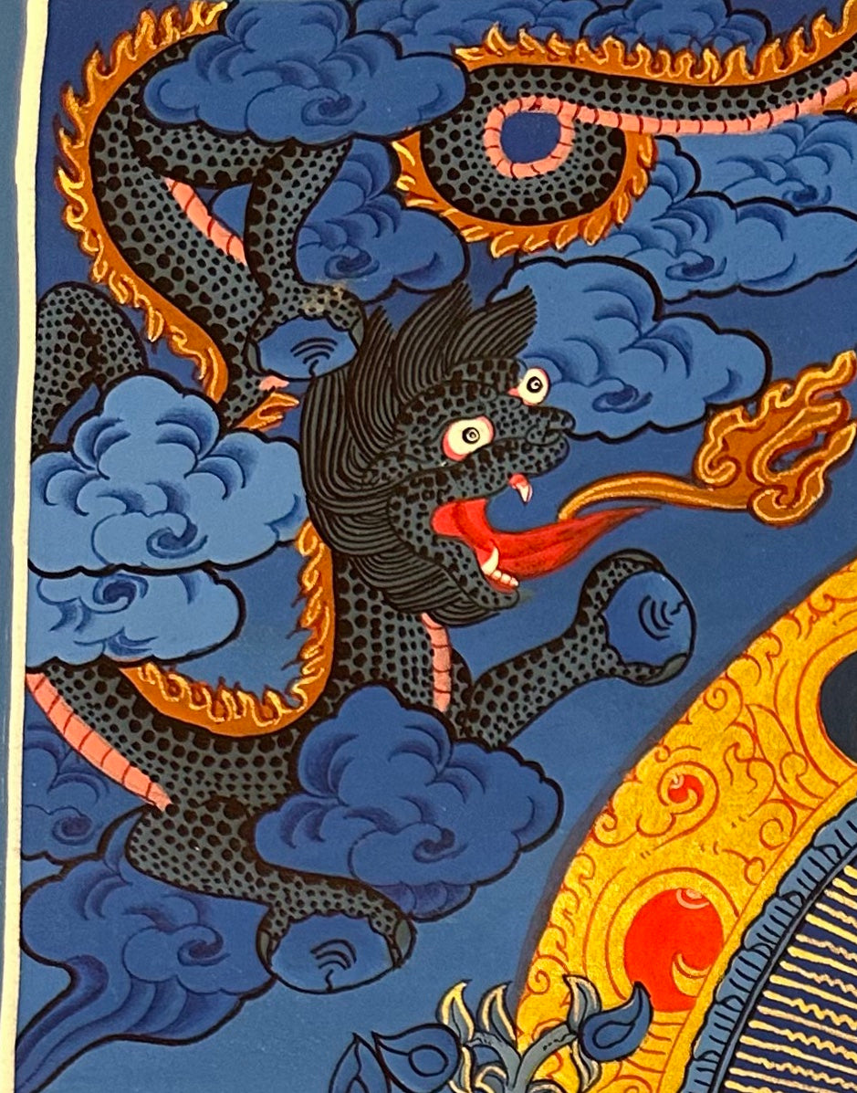 Medicine Buddha thangka, detail: top-left corner