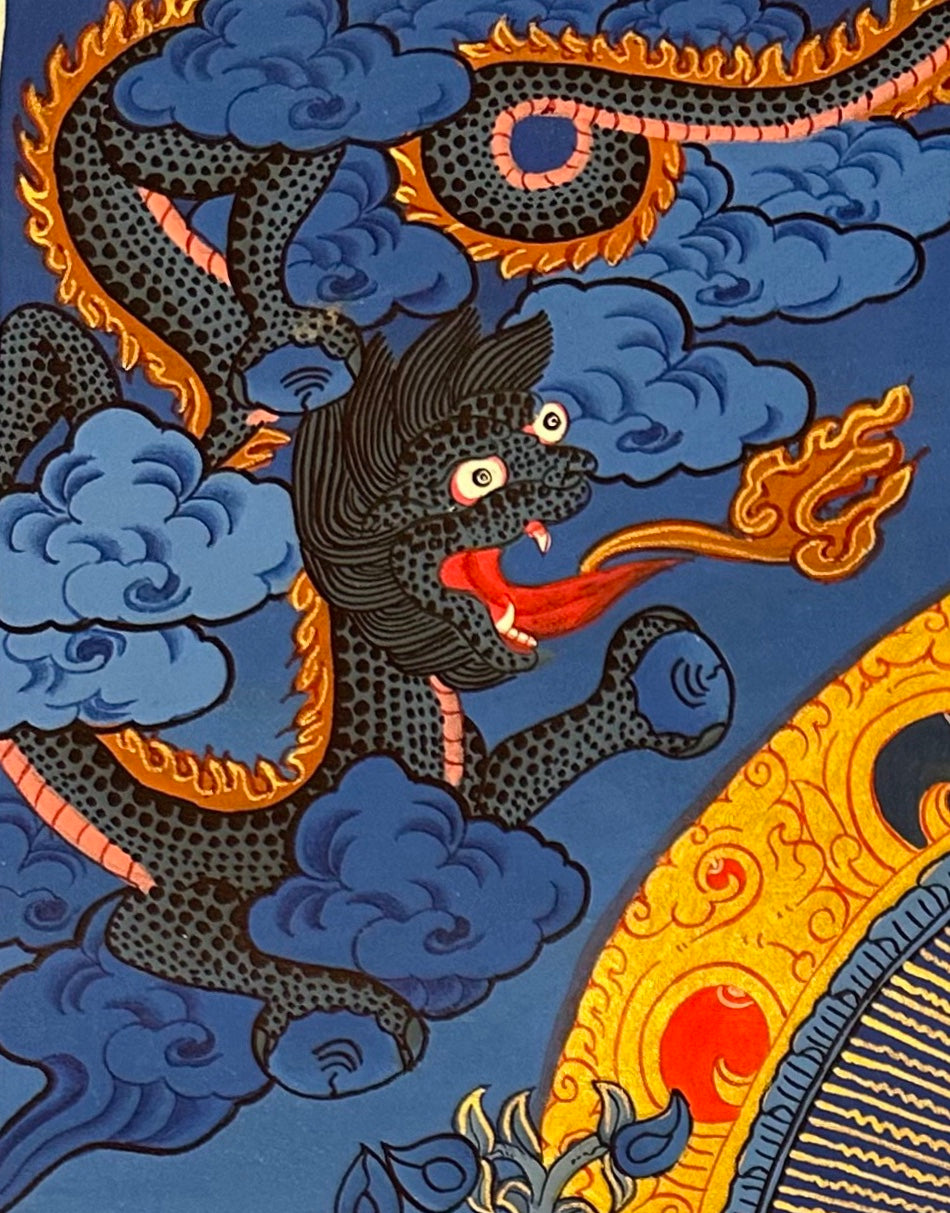 Medicine Buddha thangka, detail: top-left corner