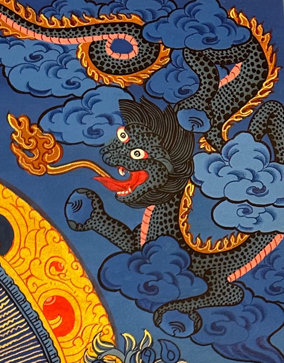 Medicine Buddha thangka, detail: top-right corner