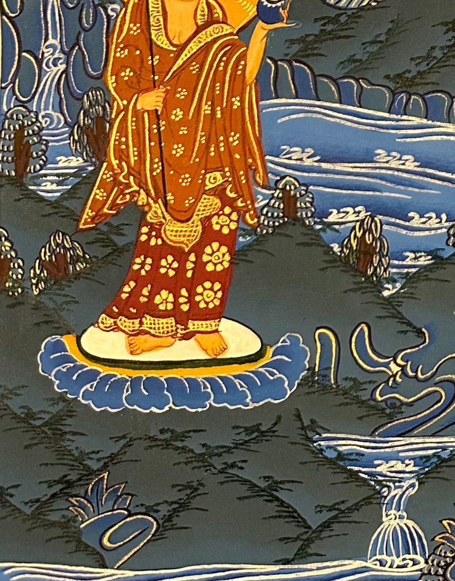Medicine Buddha thangka, detail: bottom-left corner